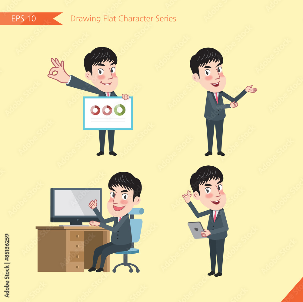 Set of drawing flat character style, business concept young office worker activities - presentation, ok sign, troubleshooter Set of drawing flat character style, business concept young office worker activities - presentation, ok sign, troubleshooter