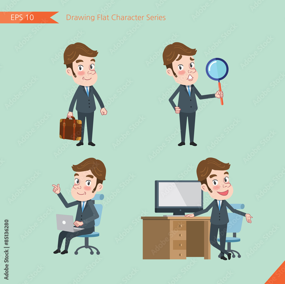 Set of drawing flat character style, business concept  young office worker  activities - businessman, research, office worker, counselling 