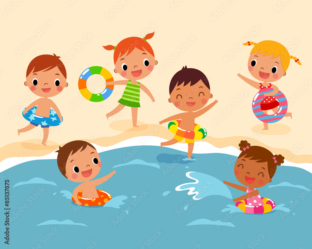 illustration of children with swim ring playing at the beach in summer time illustration of children with swim ring playing at the beach in summer time