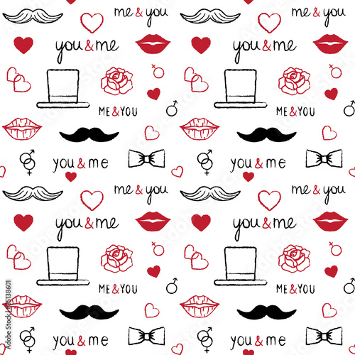 Romantic vector seamless pattern background with male and female related symbols