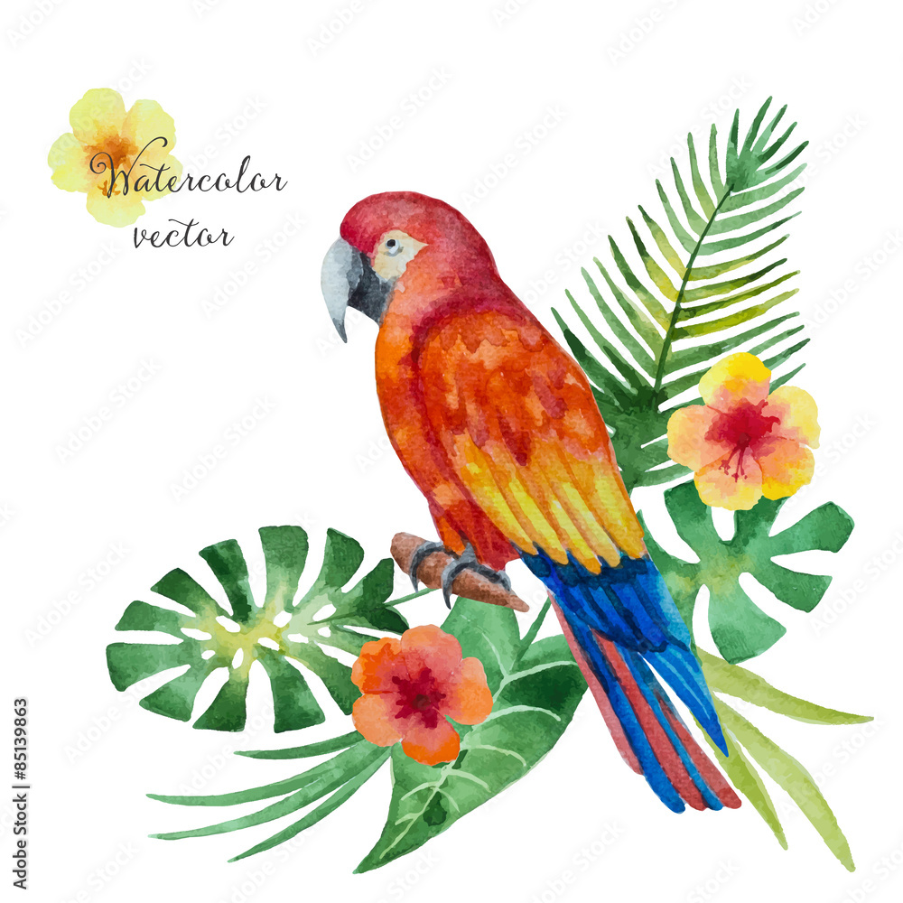 Fototapeta premium Watercolor parrot, flowers and leaves