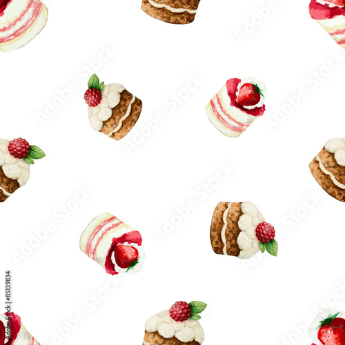 Watercolor seamless pattern with cakes, muffins with berries. Template for your design napkins, menus, packaging and other. Vector illustration.