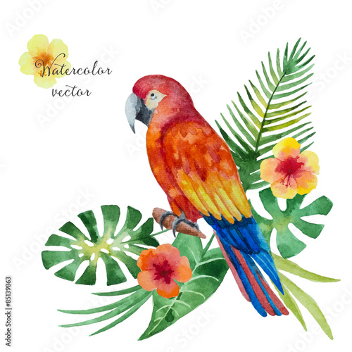 Watercolor parrot, flowers and leaves