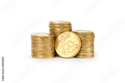 High Angle View of Pile of Euro Coins on White Background
