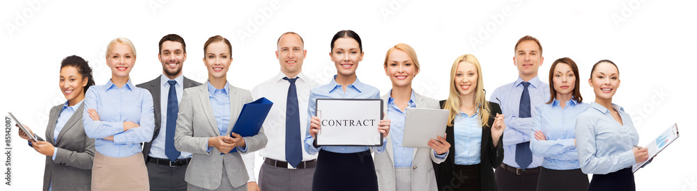 group of happy businesspeople holding contract group of happy businesspeople holding contract