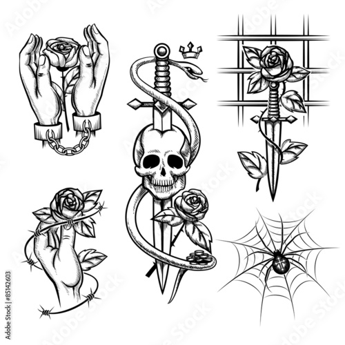 Criminal tattoo. Rose in hands of knife behind bars, spider and