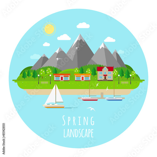 Flat spring landscape illustration with green hills