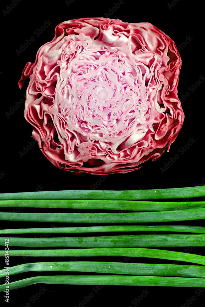 Obraz premium fresh wet onion greens and red cabbage sunset on meadow