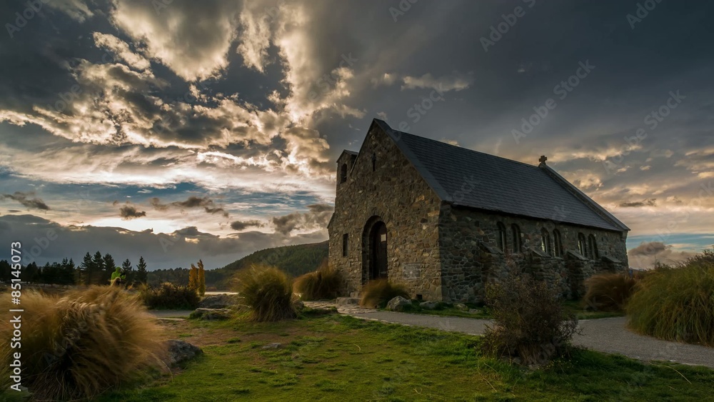 Sunset Time Lapse at Church of Good Shepherd, Lake Tekapo, New Zealand Sunset Time Lapse at Church of Good Shepherd, Lake Tekapo, New Zealand