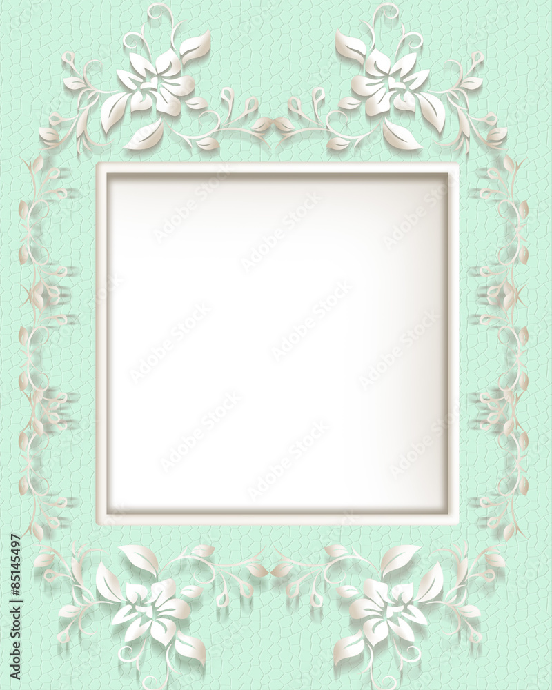 Light green background with floral decoration and ornamental frame with place for text
