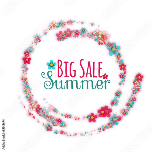 Floral rounded banner with Big Summer Sale label. Vector