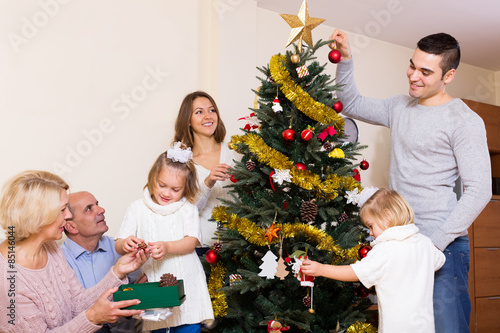 family with decorated Christmas tree
