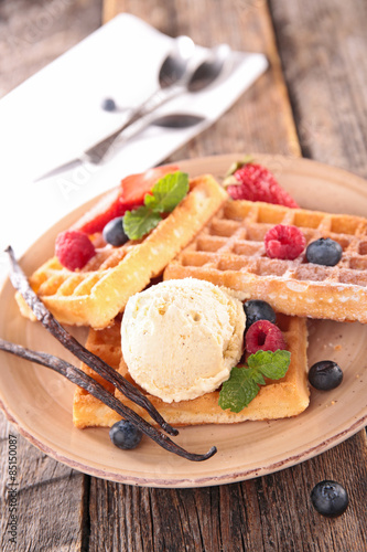 waffle with berry fruit and ice cream