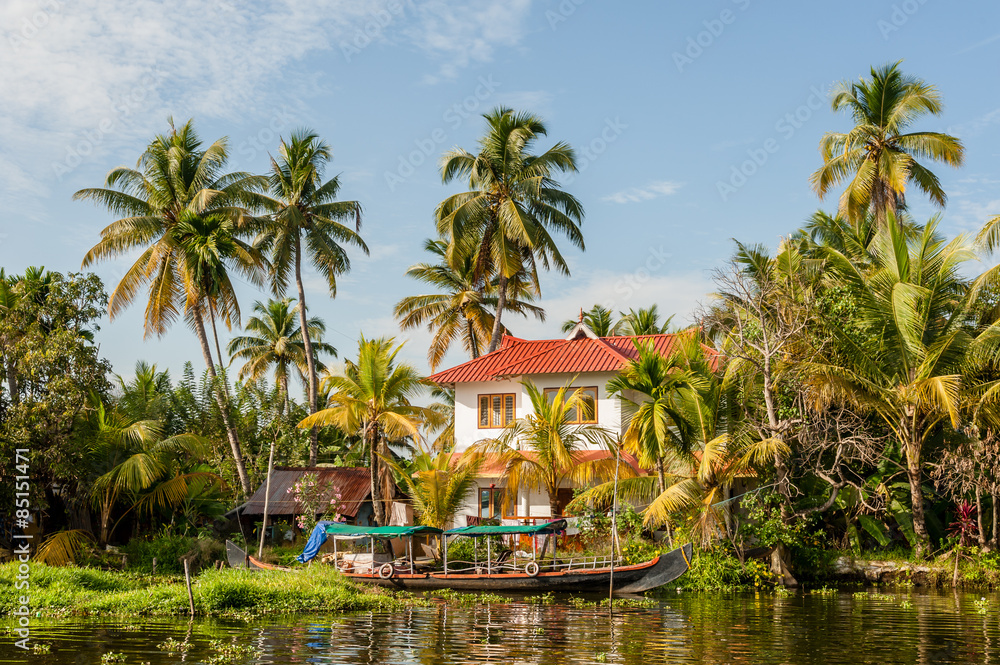 Modern house in Kerala backwaters.
