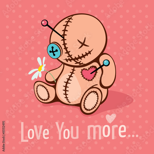 Love you more /  Vector illustration with cute voodoo doll in unrequited love