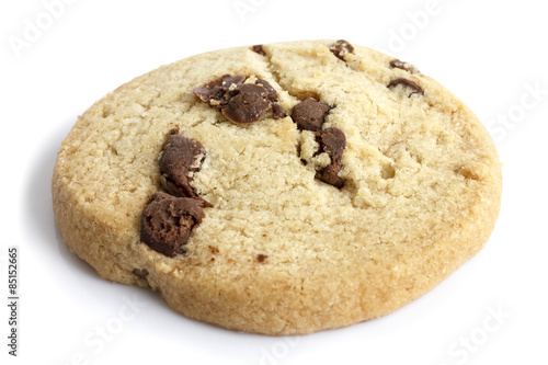 Single round chocolate chip shortbread biscuit. On white.