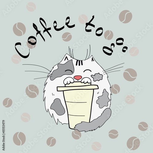 cat holding a cup of coffee on background with coffee beans