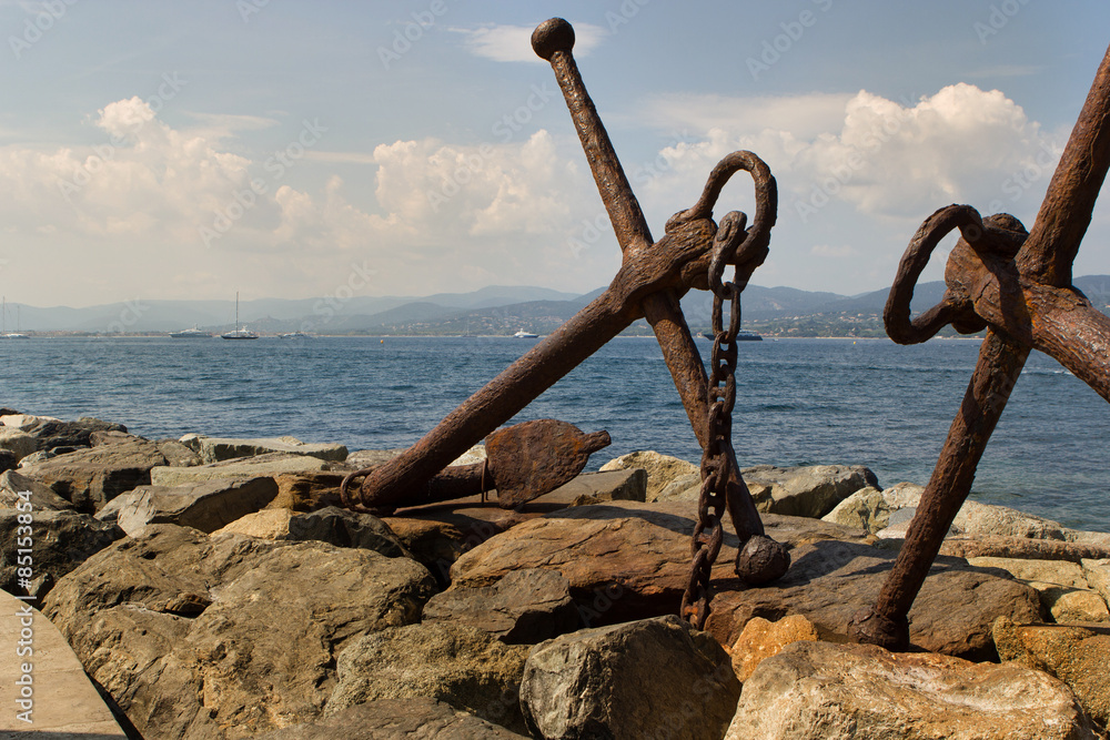 Pretty sea view with two ancient anchors in Saint Tropez in France