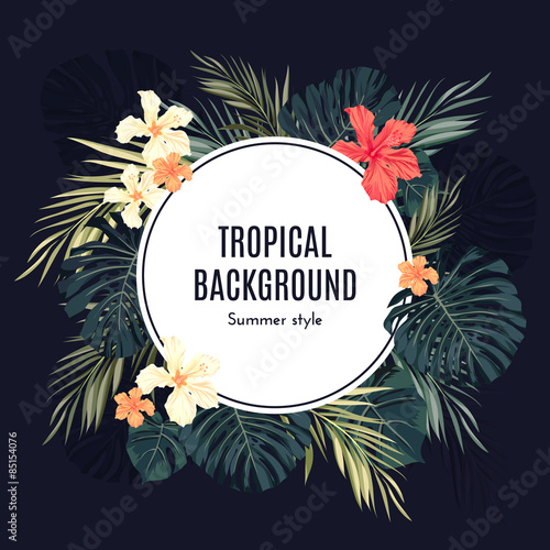 Summer tropical hawaiian background with palm tree leavs and