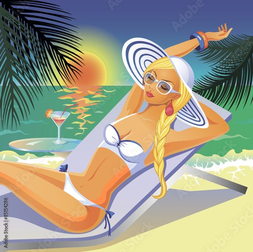 Beautiful tanned girl having a rest on a beach