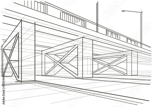 Linear architectural sketch overhead road