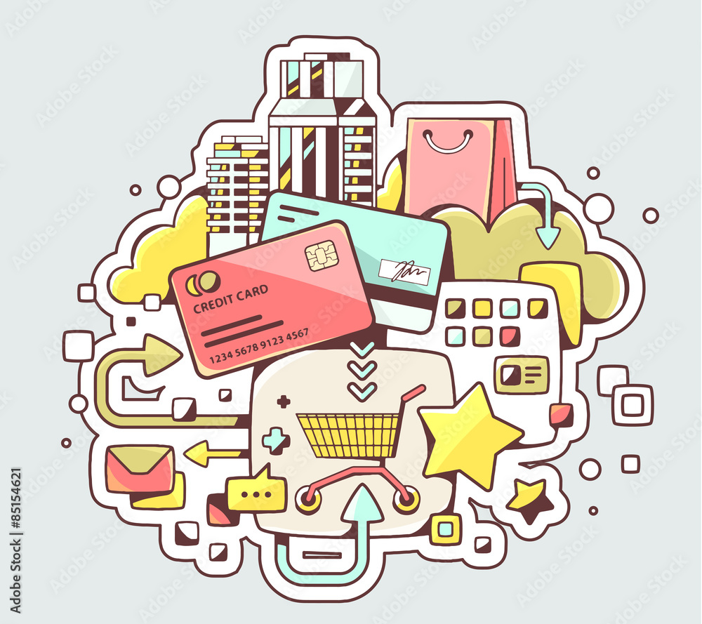 Fototapeta premium Vector color illustration of online cashless payment via credit