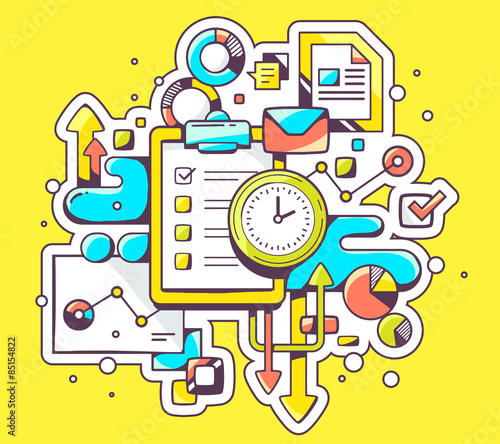 Vector color illustration of clock and check list with business