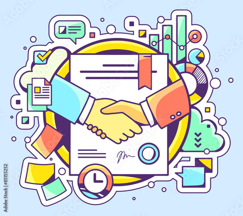Vector color illustration of handshake with contract signed and