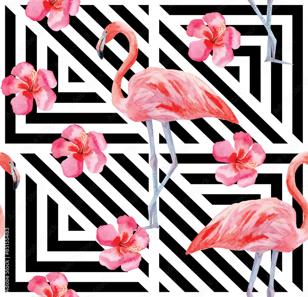 Obraz premium flamingo and hibiscus pattern, geometric background