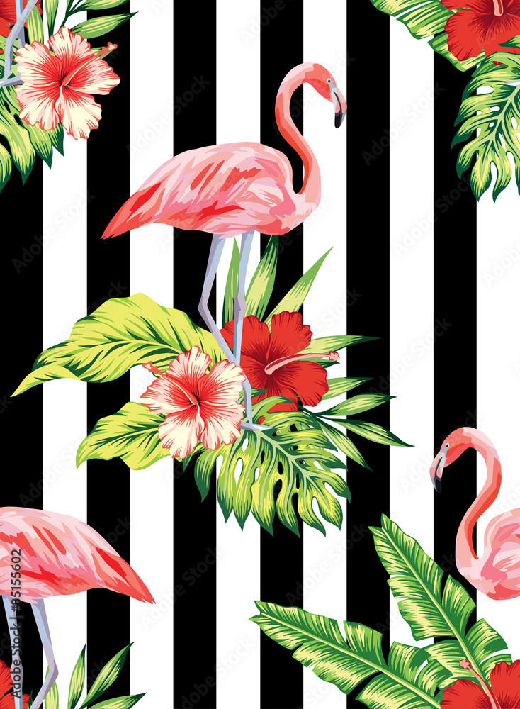 Naklejka premium flamingo, hibiscus and plants striped pattern