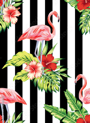 flamingo, hibiscus and plants striped pattern