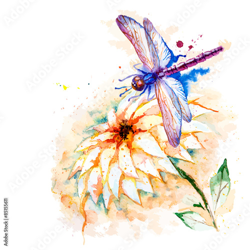 Water color dragonfly with lily flower