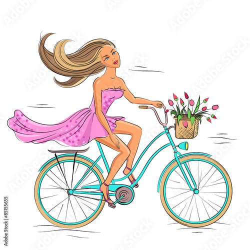 Girl on the bike isolated on white