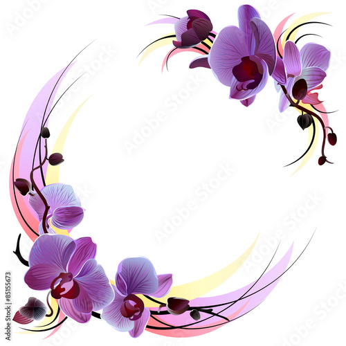 White greeting card with violet orchids
