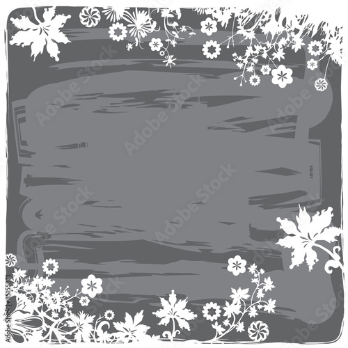Fond Bordure de Fleurs - Feuillages en Noir / Blanc et Gris