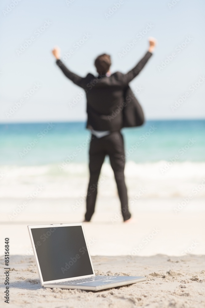 Happy businessman cheering in front of the sea Happy businessman cheering in front of the sea