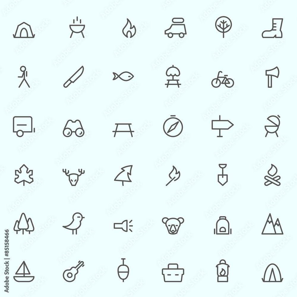 Camping icons, simple and thin line design Camping icons, simple and thin line design