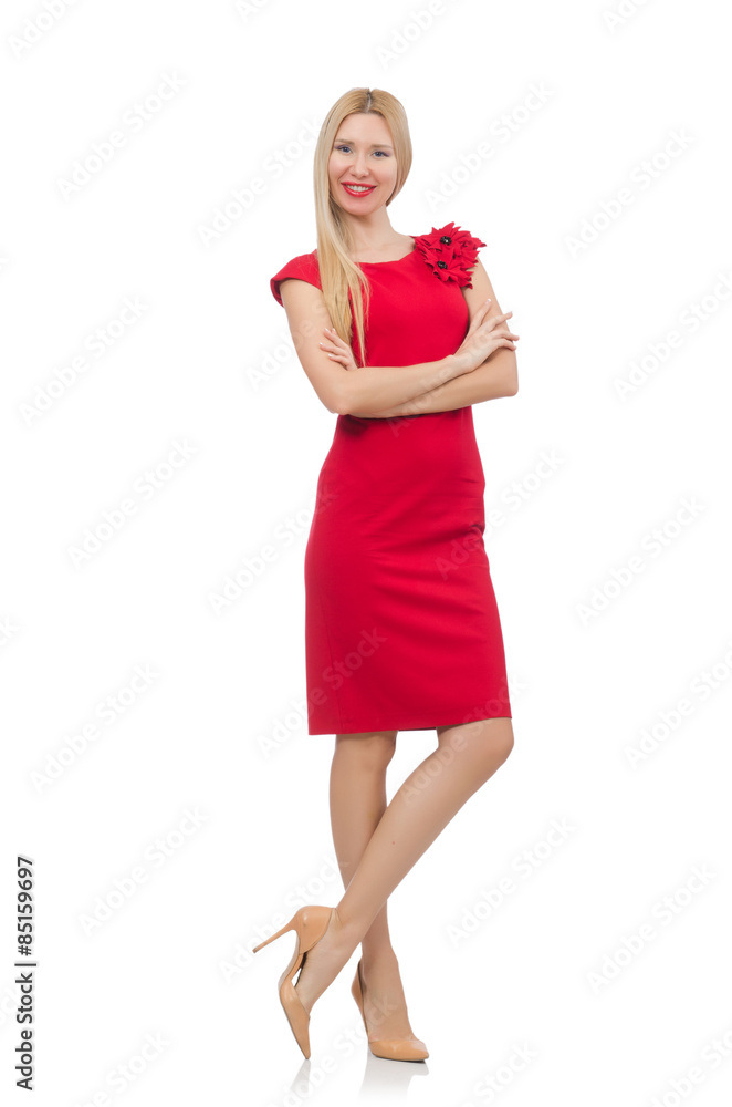 Blond woman in scarlet dress isolated on white Blond woman in scarlet dress isolated on white