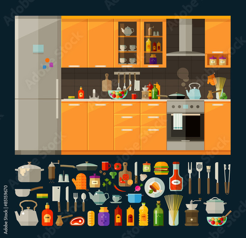 cooking icons set. modern kitchen furniture and utensils, food