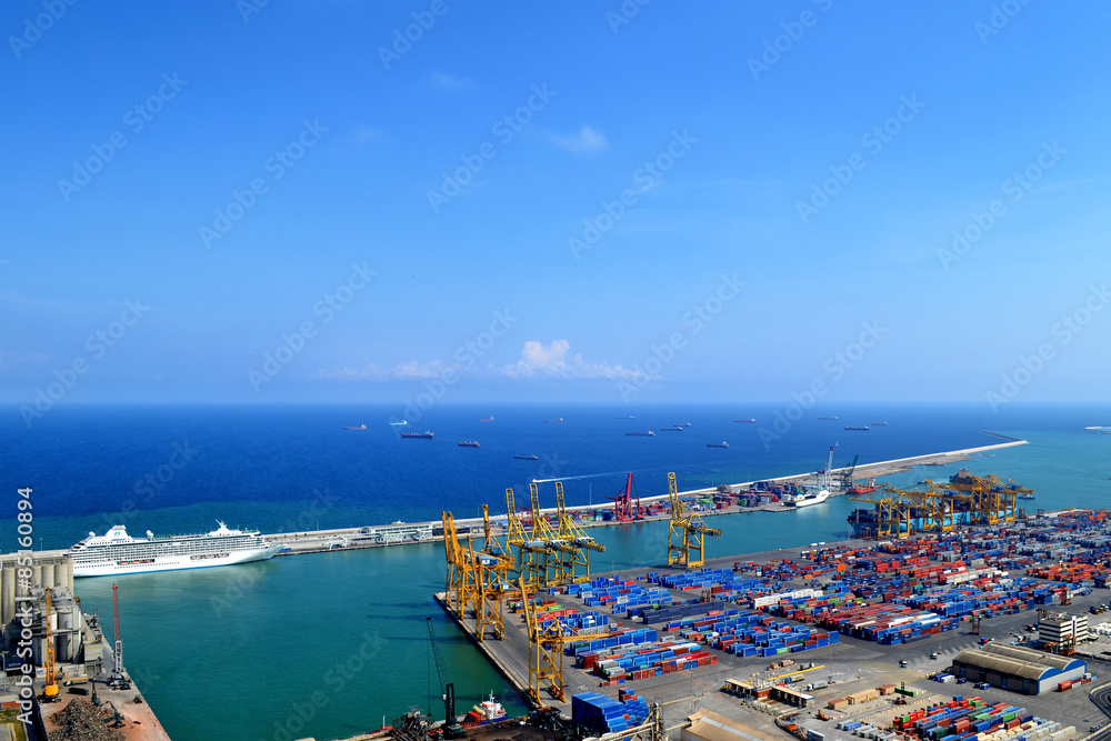 Landscape from bird view of industrial port. Barcelona