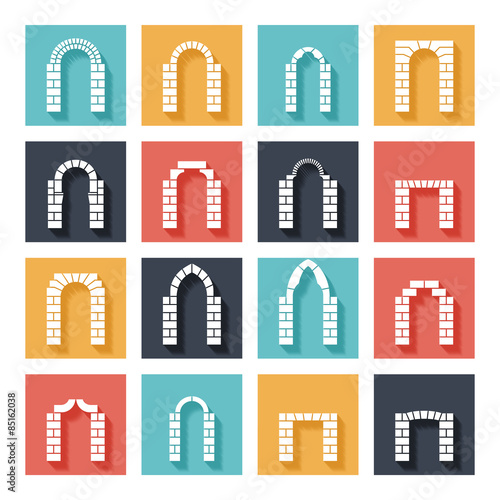 Flat silhouette icons of vector arches with shadow
