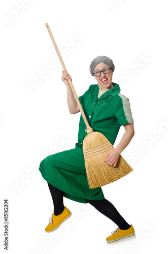 Bild auf Leinwand Woman with sweeping brush isolated on white