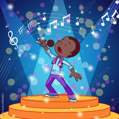 Cartoon boy singing with a microphone.