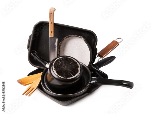 Bild auf Leinwand heap of kitchen bakeware with pan and pot