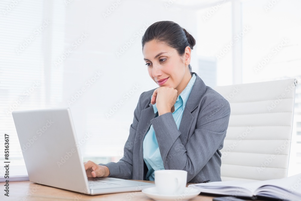 Smiling businesswoman using her computer Smiling businesswoman using her computer