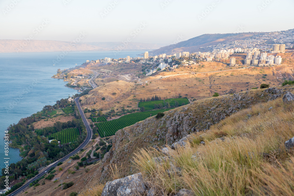 Tiberias city town and Kineret Galilee sea view on sunset.