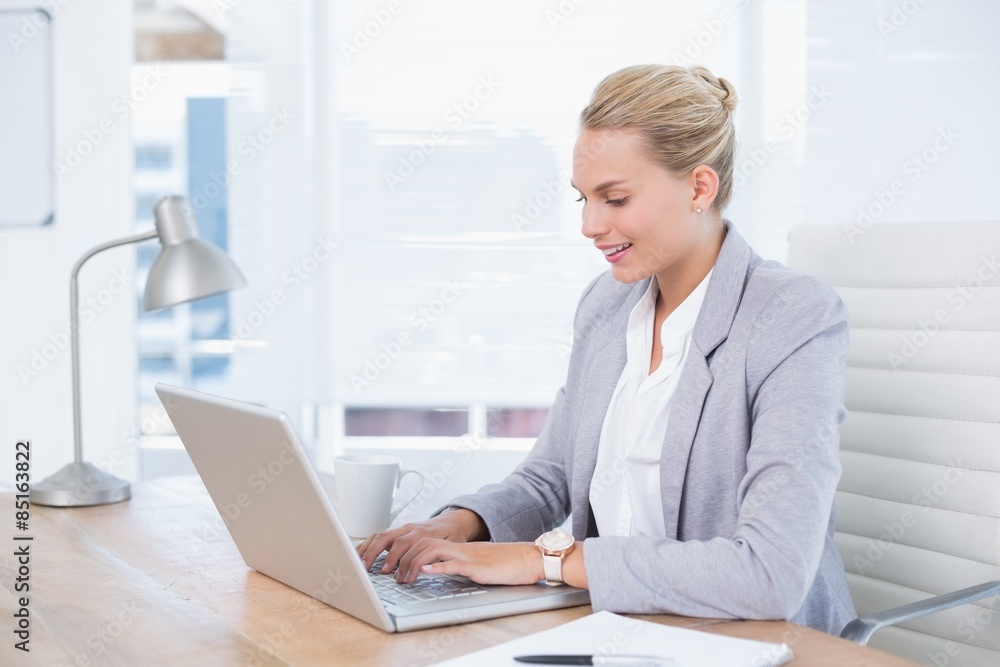 Smiling businesswoman using her computer Smiling businesswoman using her computer