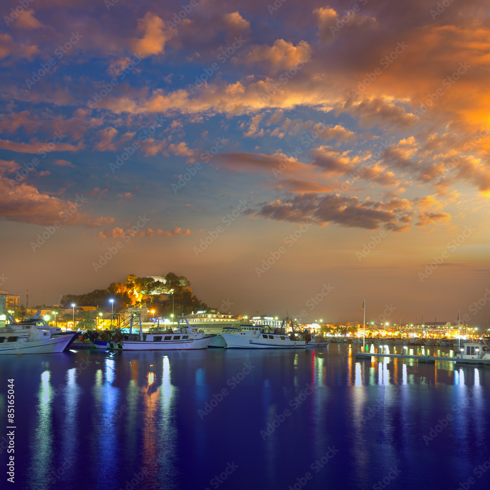Fototapeta premium Denia port sunset in marina at Alicante Spain