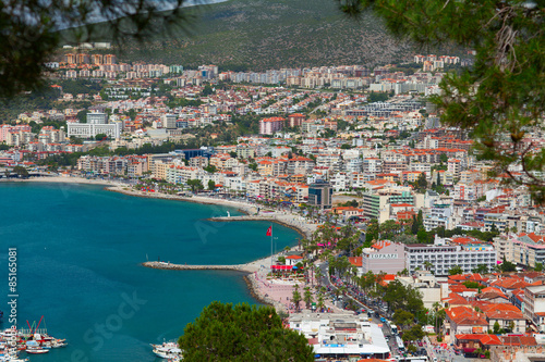 The aerial view of Kusadasi town with main quay. Aegean coast