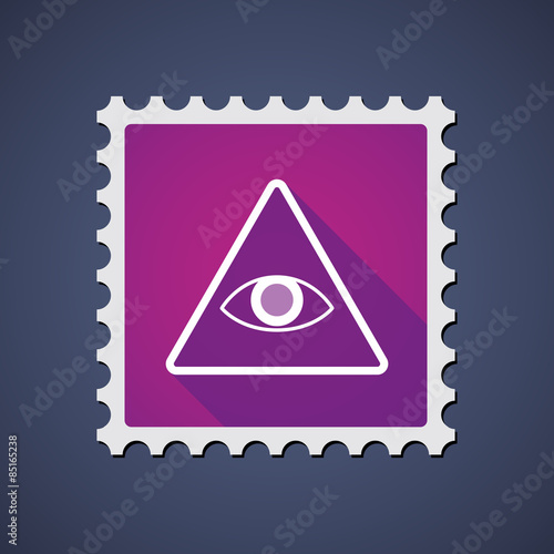 Purple mail stamp icon with an all seeing eye